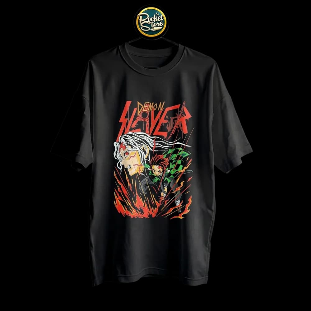 Camiseta Demon Slayer - Tanjiro Danza del Fuego y Muzan Negro