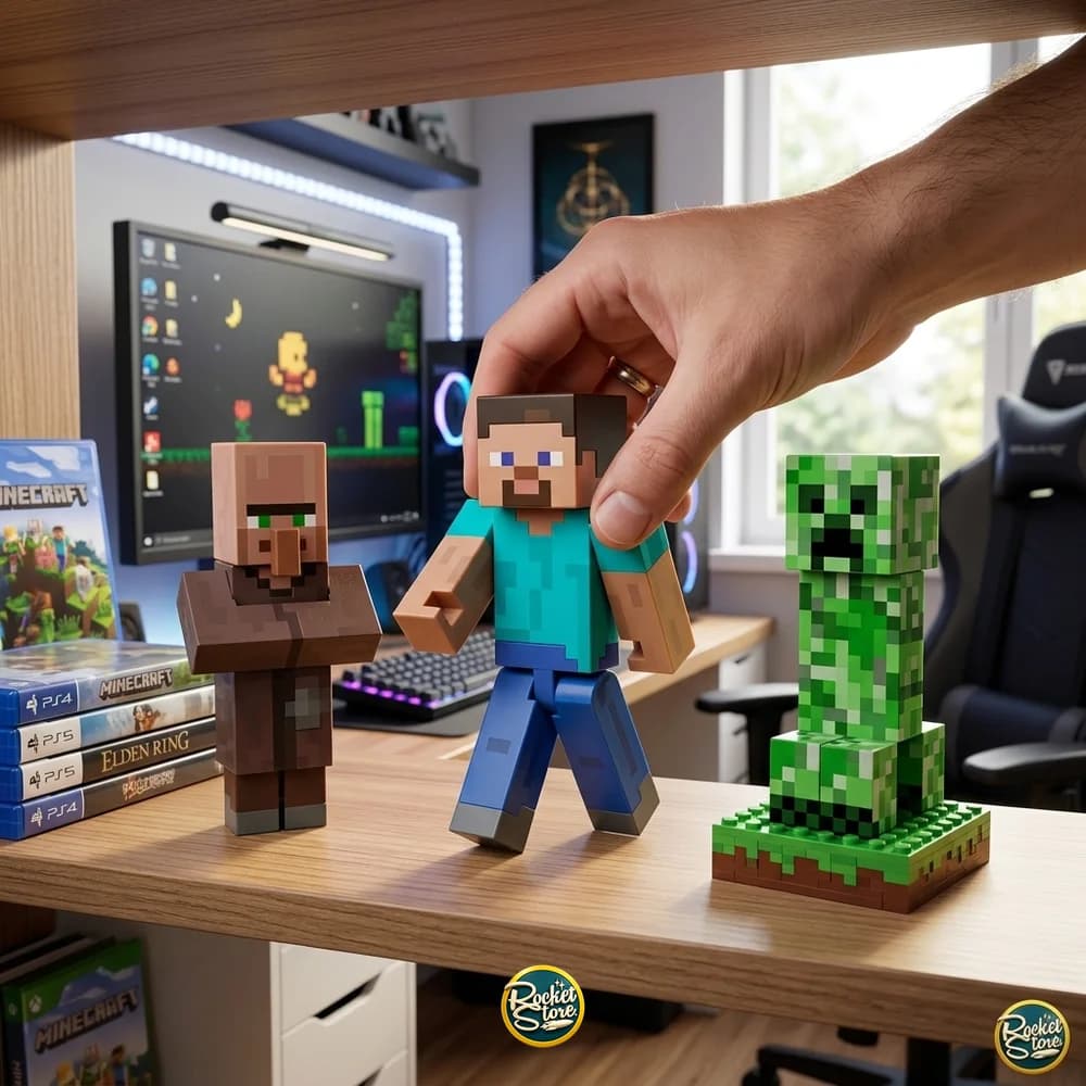 Set de figuras Minecraft en un escritorio para escala