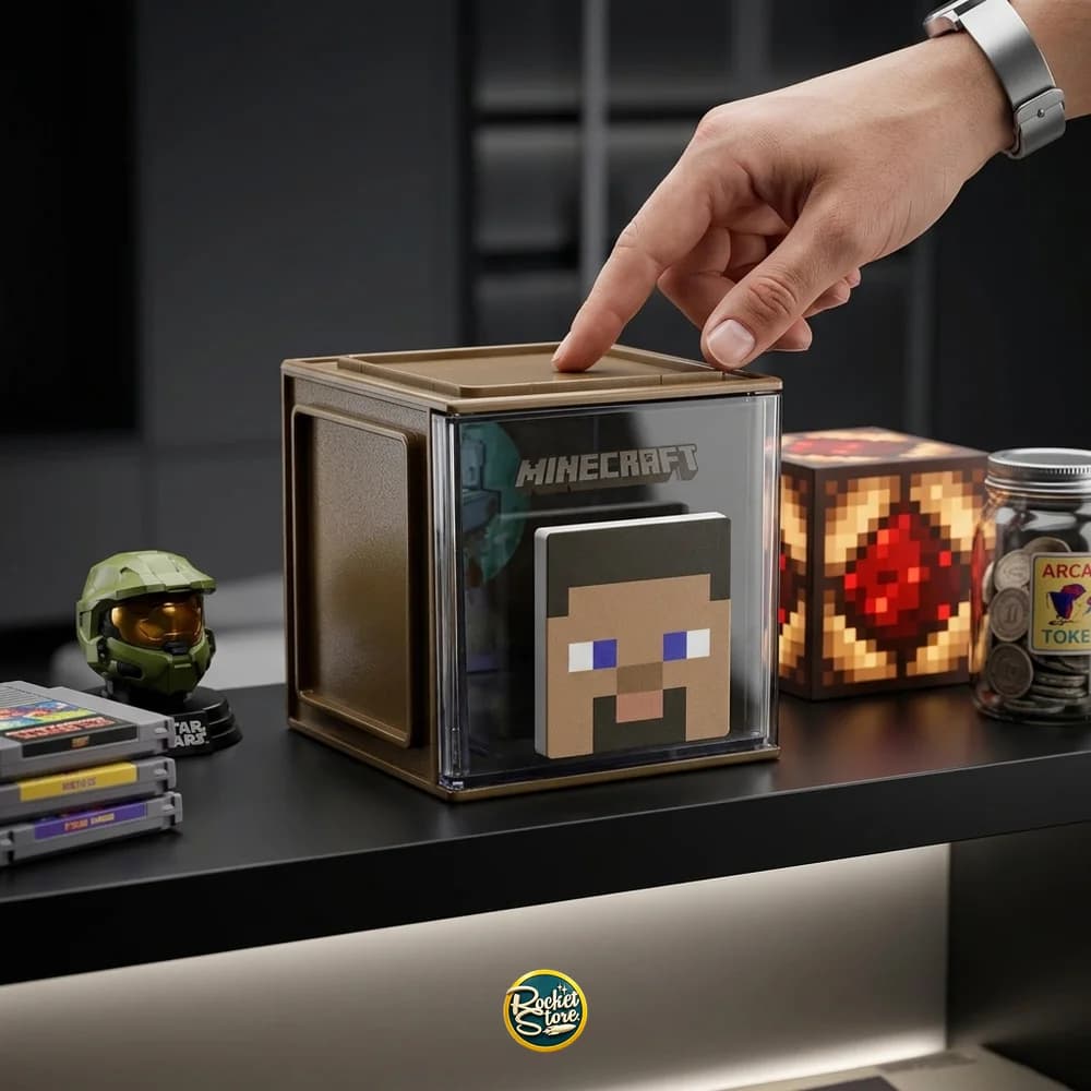 Cubo vitrina Minecraft en una repisa