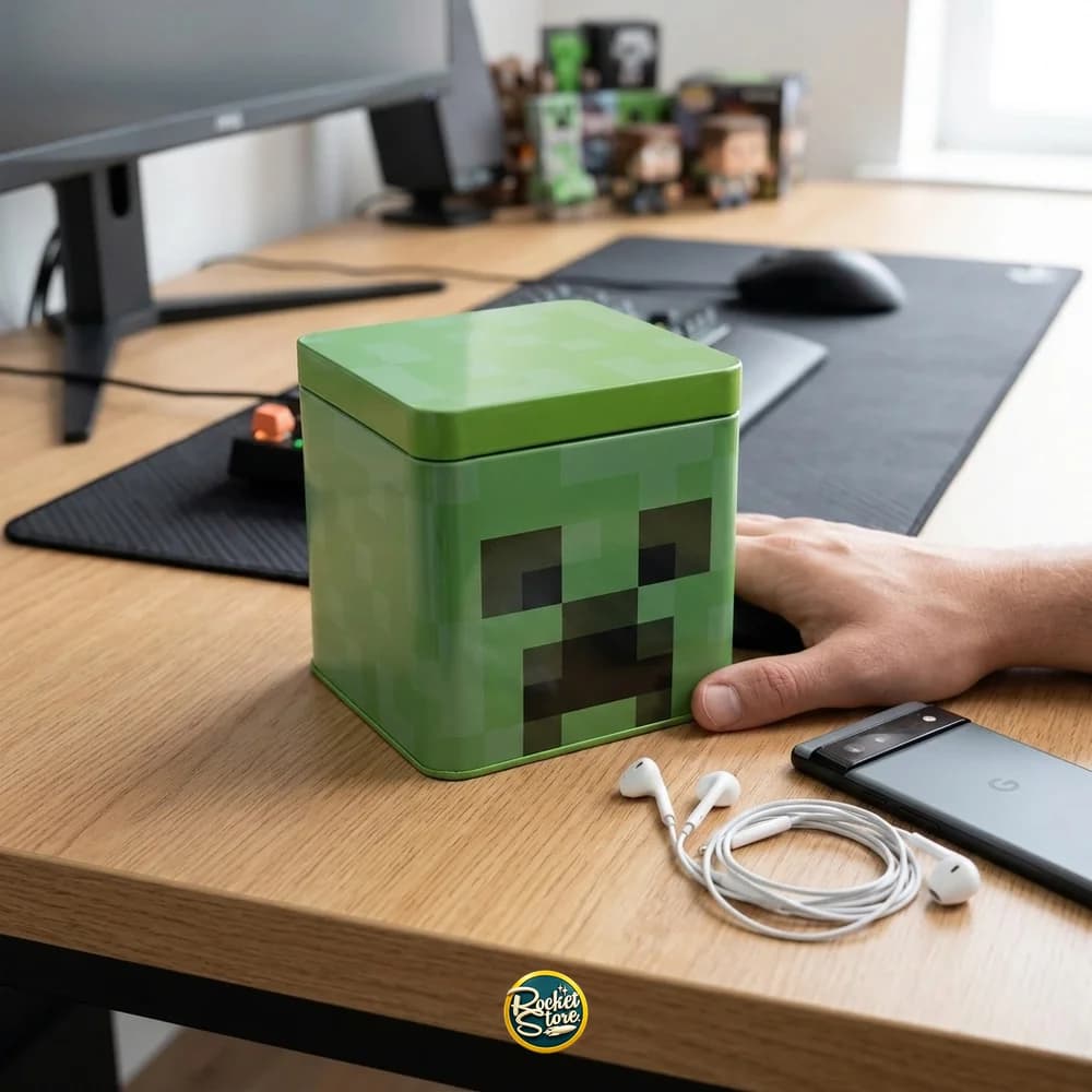 Caja metálica Creeper Minecraft en un escritorio