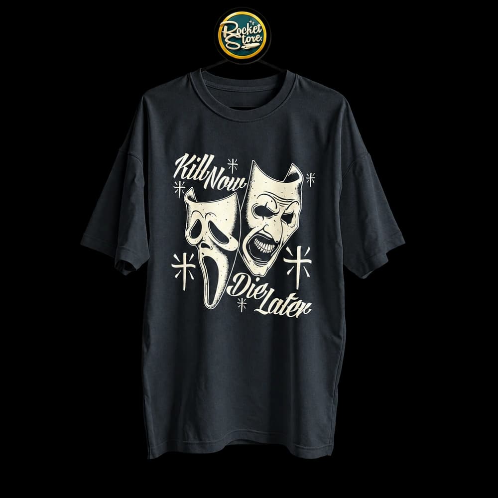 Camiseta Scream x Terrifier - Kill Now Die Later Máscaras Negro