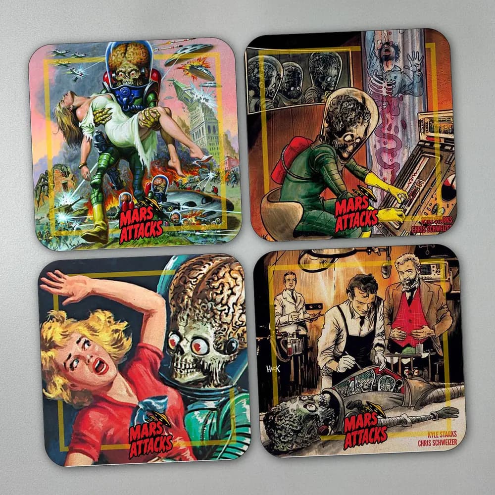 Set x 4 Portavasos Mars Attacks! - Retro Pulp Sci-Fi Art