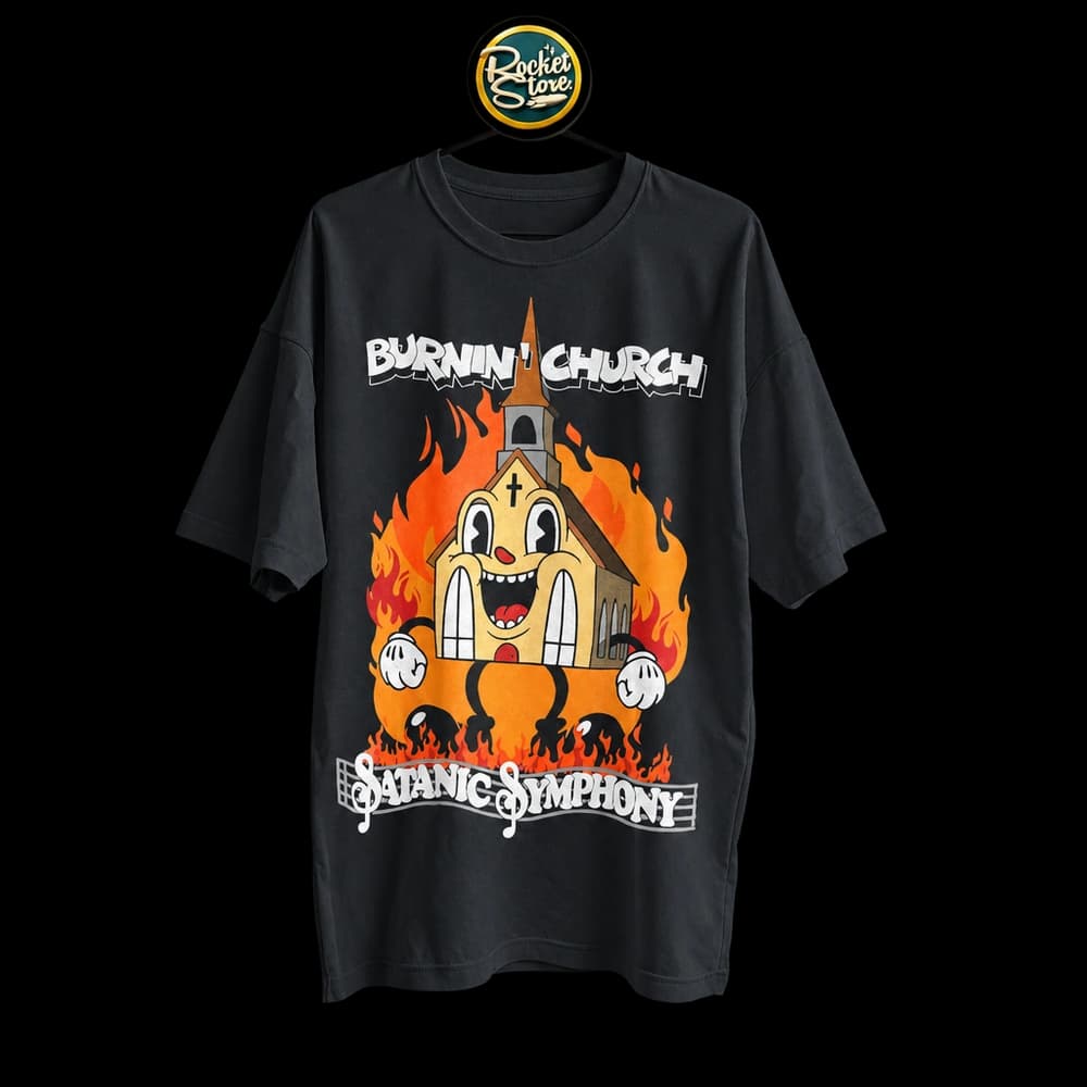 Camiseta Burnin' Church - Satanic Symphony Cartoon Negro