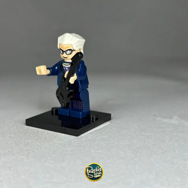 Minifigura tipo LEGO Artista Pop Andy Warhol con Guitarra Eléctrica