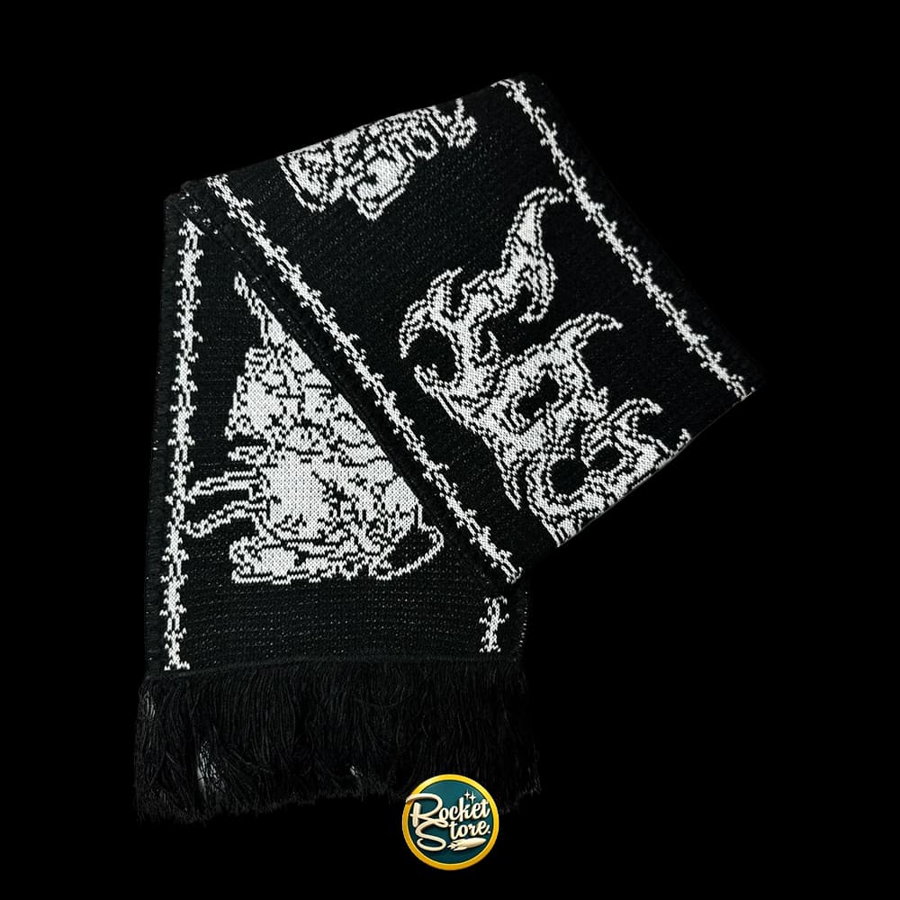 Bufanda Tejida Jacquard Gótica Black Metal / Dragones y Calaveras (B&N)