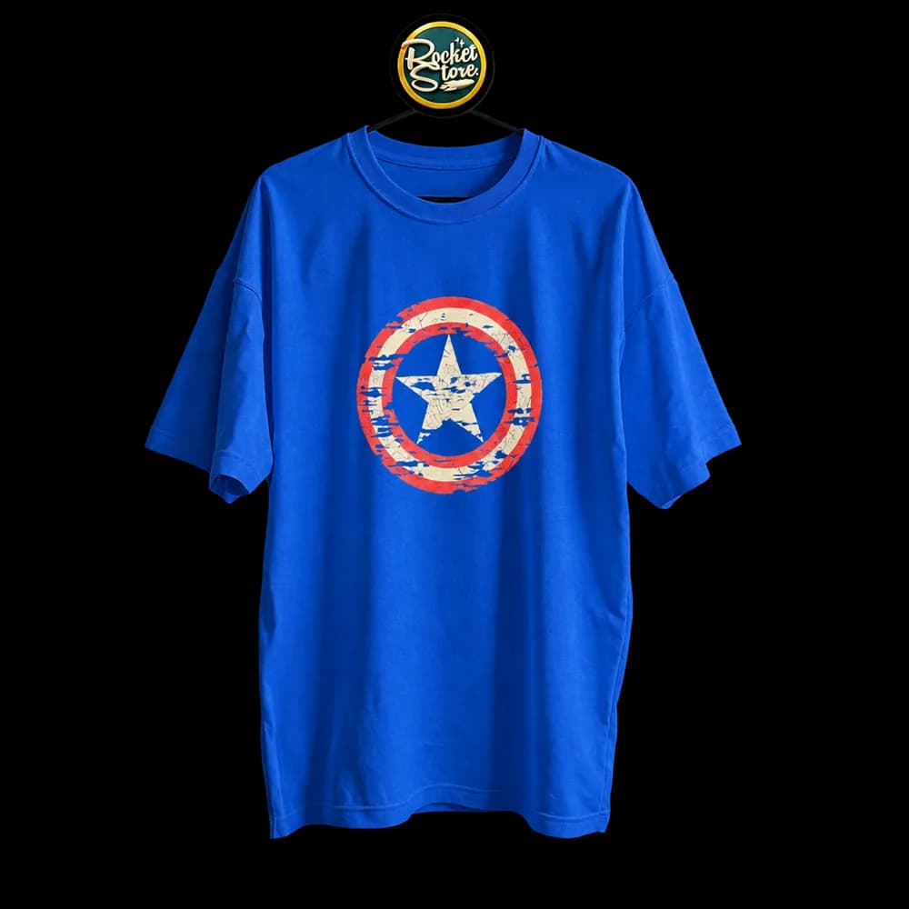 Camiseta Capitán América - Escudo Vintage Desgastado Azul Rey