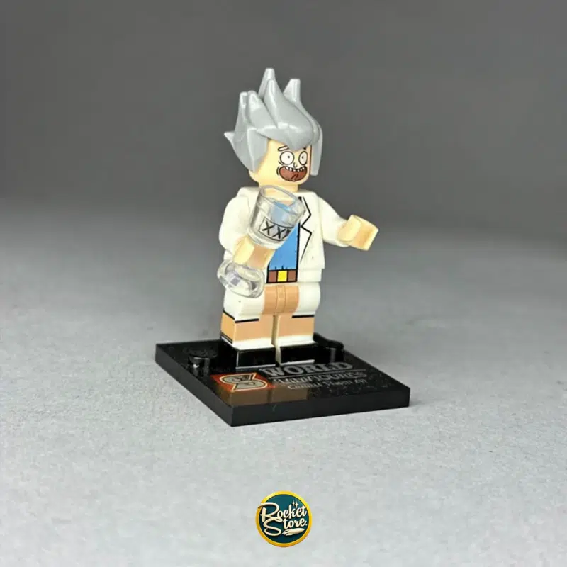 Minifigura tipo LEGO Rick Sanchez con Bata de Laboratorio y Matraz
