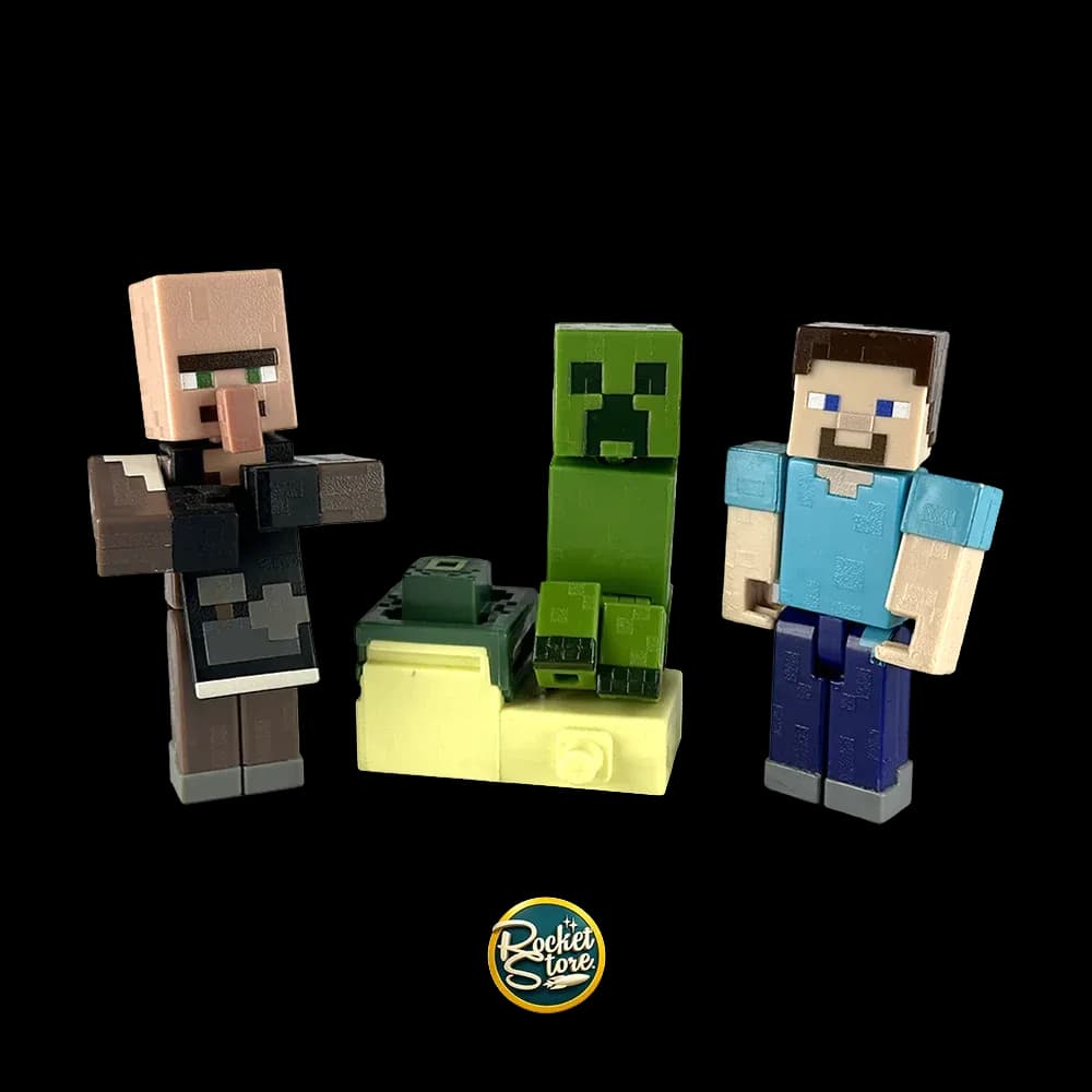 Set 3 Figuras Articuladas Steve, Aldeano y Creeper - Minecraft