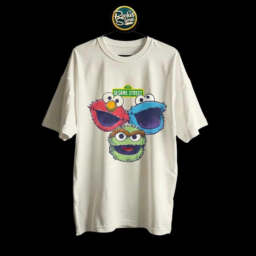Camiseta Plaza Sésamo - Trío de Caras Elmo, Comegalletas y Oscar Marfil