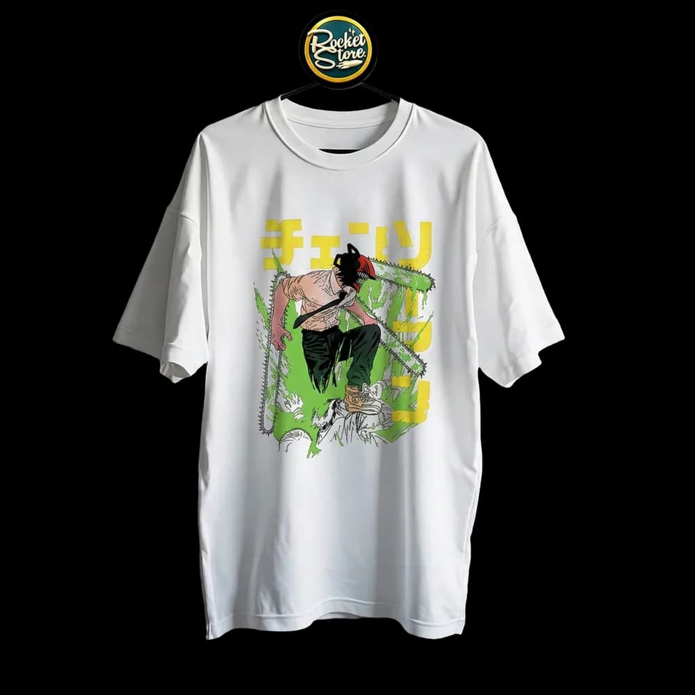 Camiseta Chainsaw Man - Denji Motosierra Sangre Verde Neón Negro - Foto 2