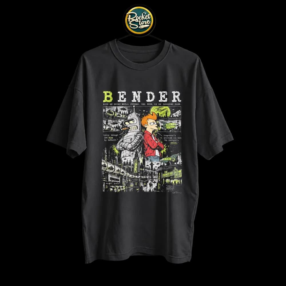 Camiseta Futurama - Bender y Fry Ciudad Futurista Negro