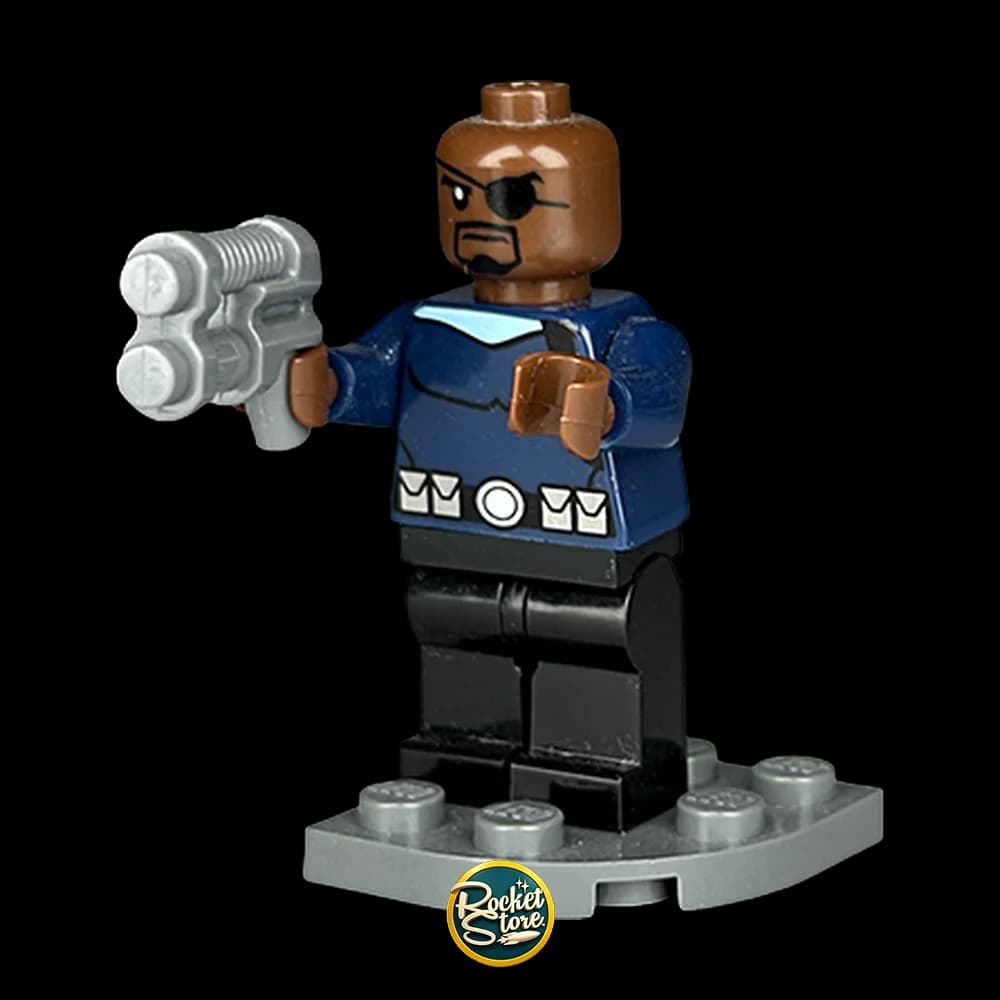 Minifigura tipo LEGO Marvel Nick Fury con Blasters Dobles Plateados