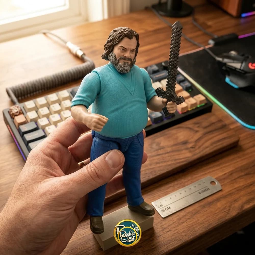 Figura Steve A Minecraft Movie en la mano para escala