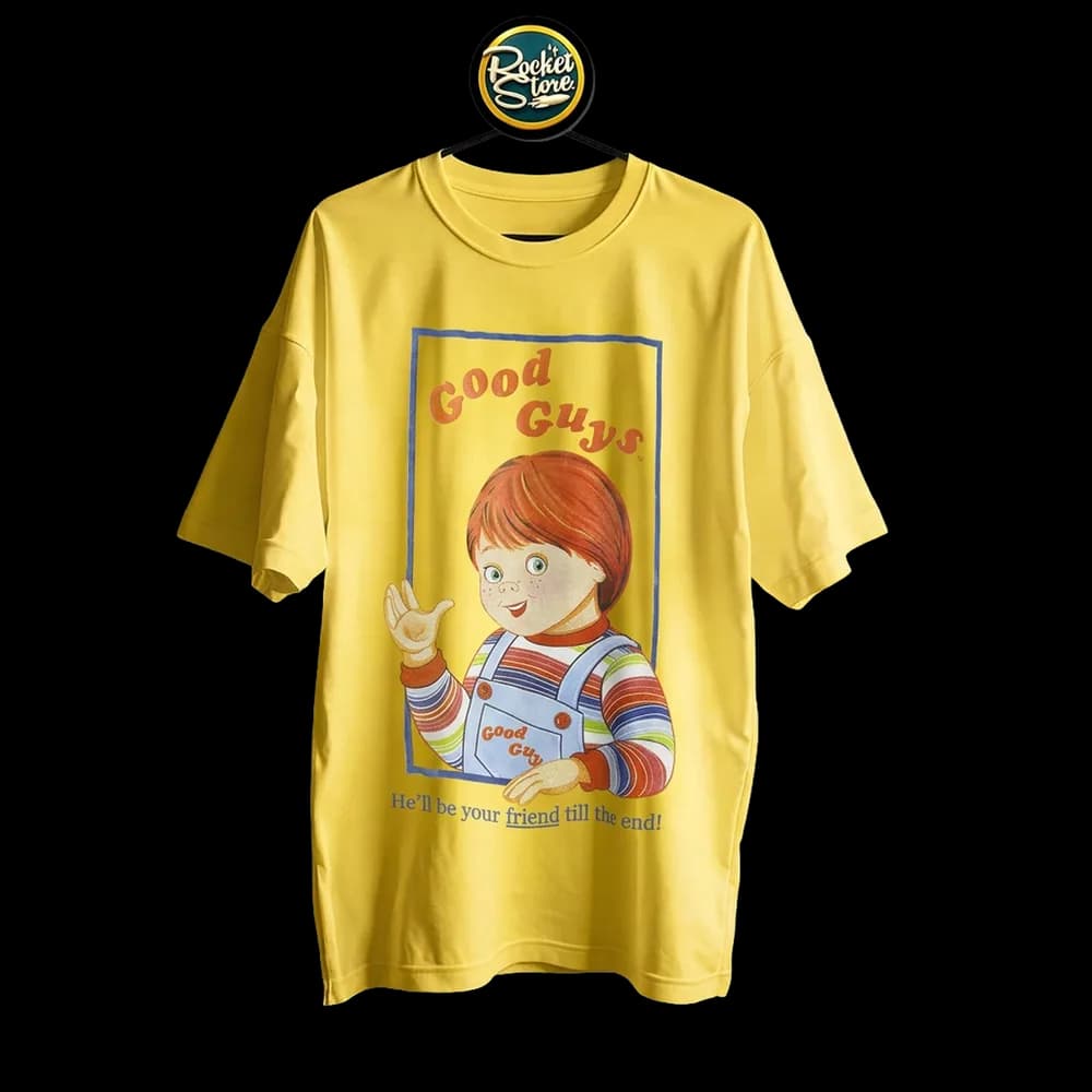 Camiseta Chucky - Good Guys Box Art Vintage Amarillo