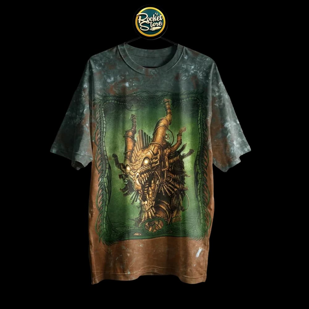 Camiseta Steampunk - Clockwork Dragon Mecánico Tie-Dye Óxido