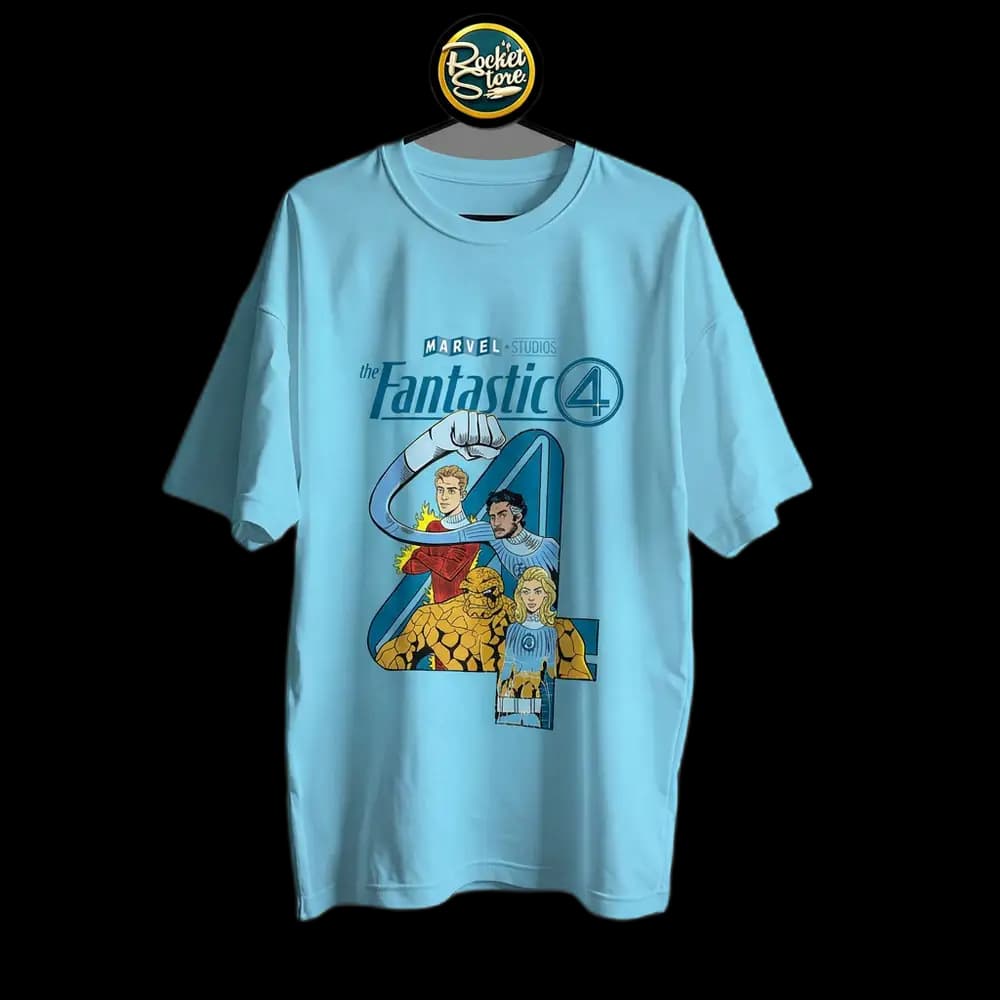 Camiseta Los 4 Fantásticos - Gran 4 Retro Futurista Azul Celeste
